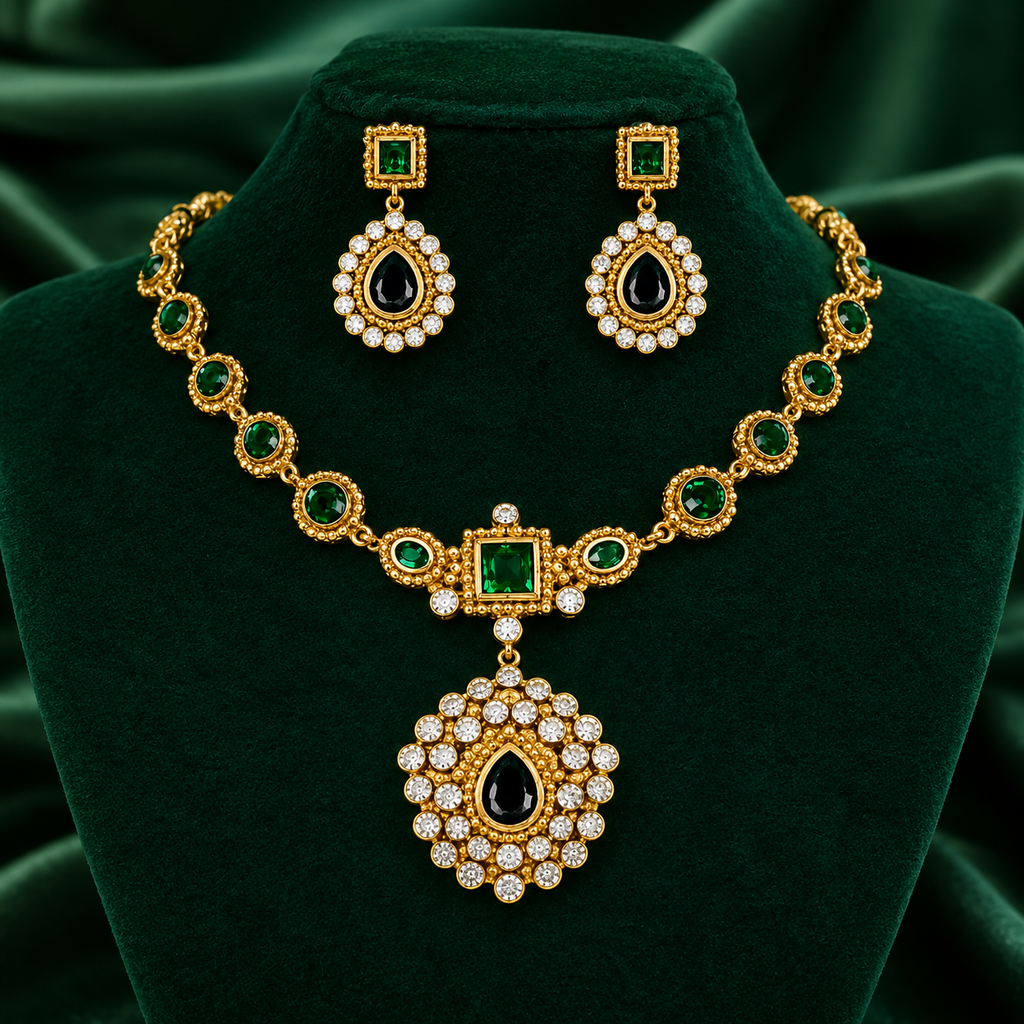 Antique Gold-Plated Emerald & Black Stone Statement Necklace Set with Matching Earrings
