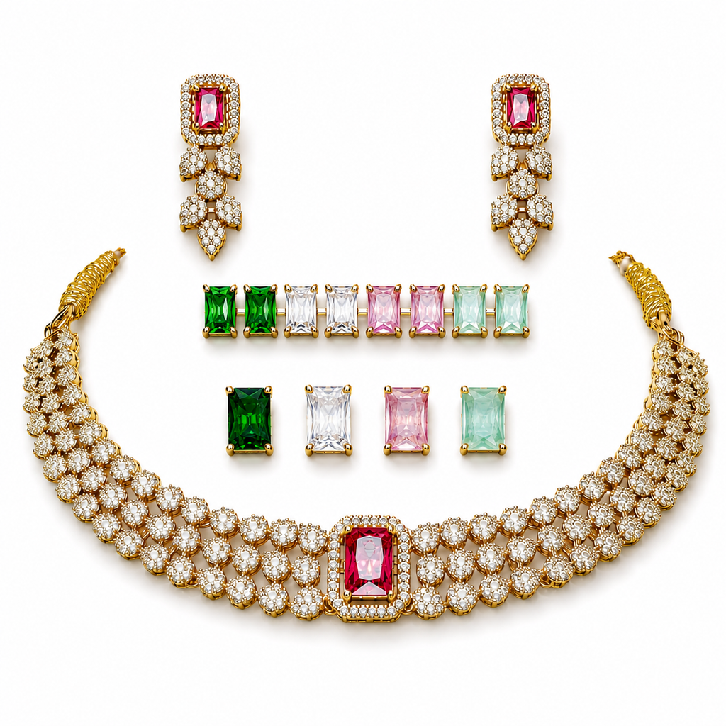 Luxury Multi-Stone Floral Choker Necklace Set with Matching Earrings