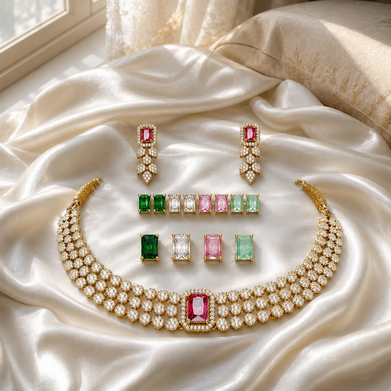 Luxury Multi-Stone Floral Choker Necklace Set with Matching Earrings