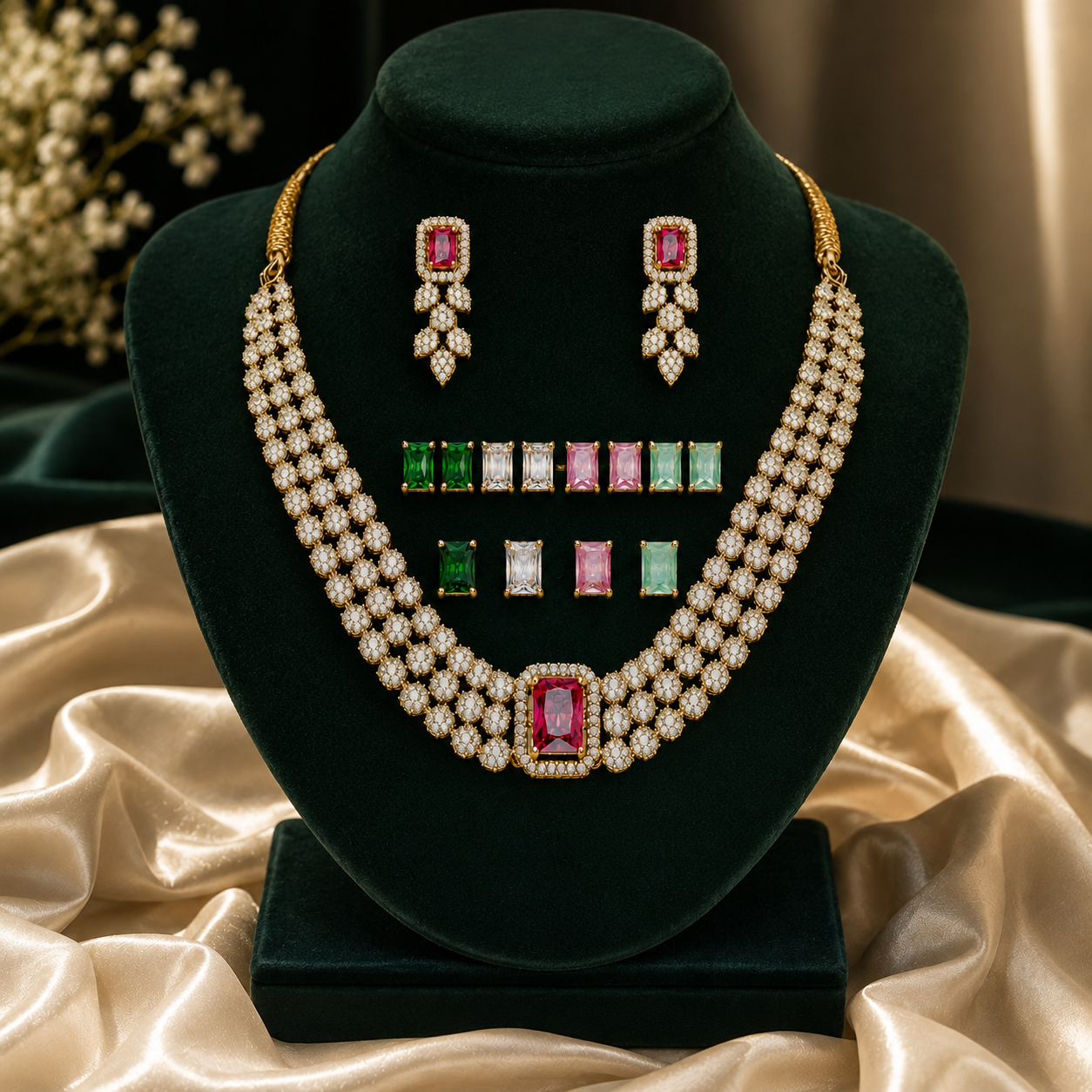 Luxury Multi-Stone Floral Choker Necklace Set with Matching Earrings