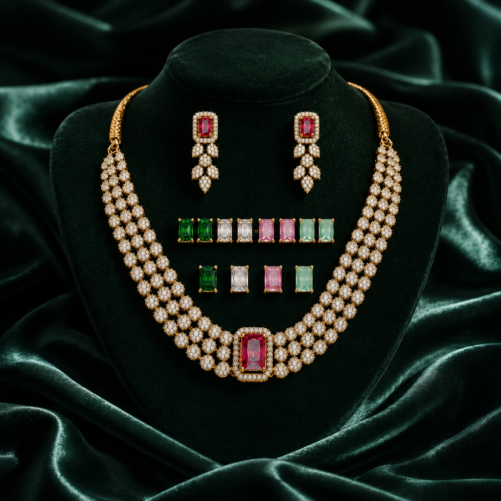 Luxury Multi-Stone Floral Choker Necklace Set with Matching Earrings