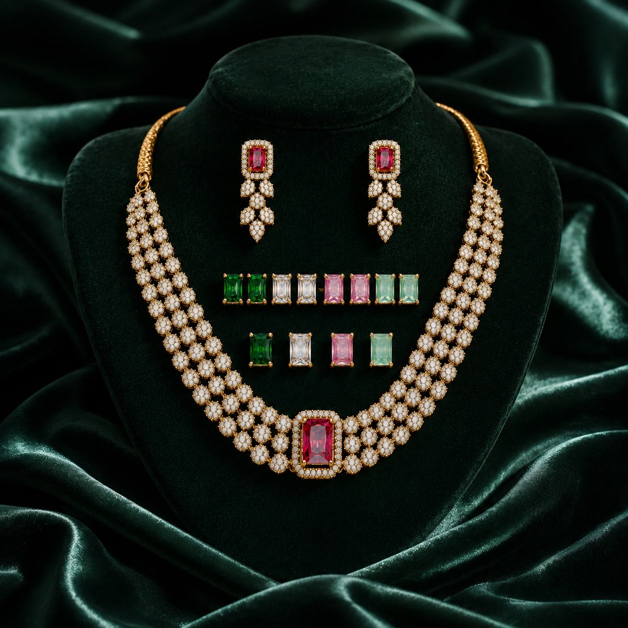 Luxury Multi-Stone Floral Choker Necklace Set with Matching Earrings