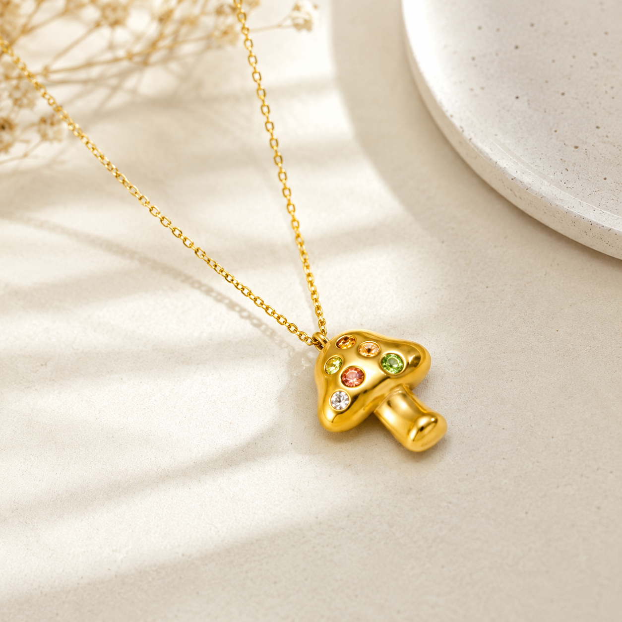 Mushroom Pendant Necklace In Titanium Steel With 18K Real Gold Plated