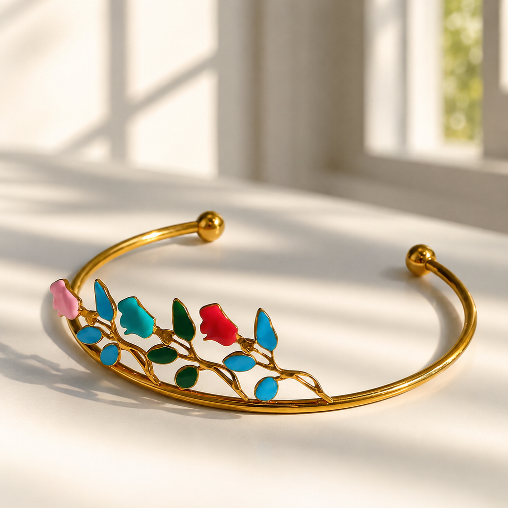 Gold-Plated Colorful Enamel Floral Open Cuff Bangle