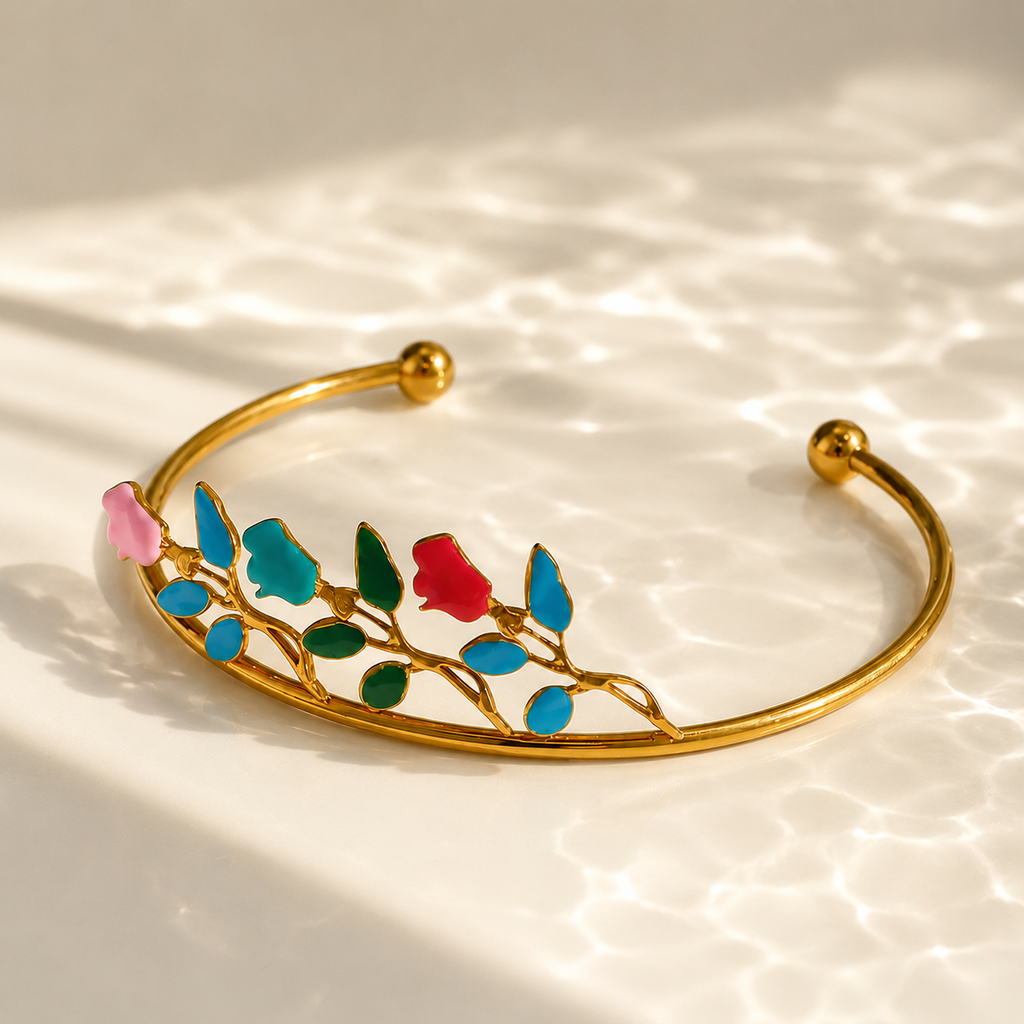 Gold-Plated Colorful Enamel Floral Open Cuff Bangle