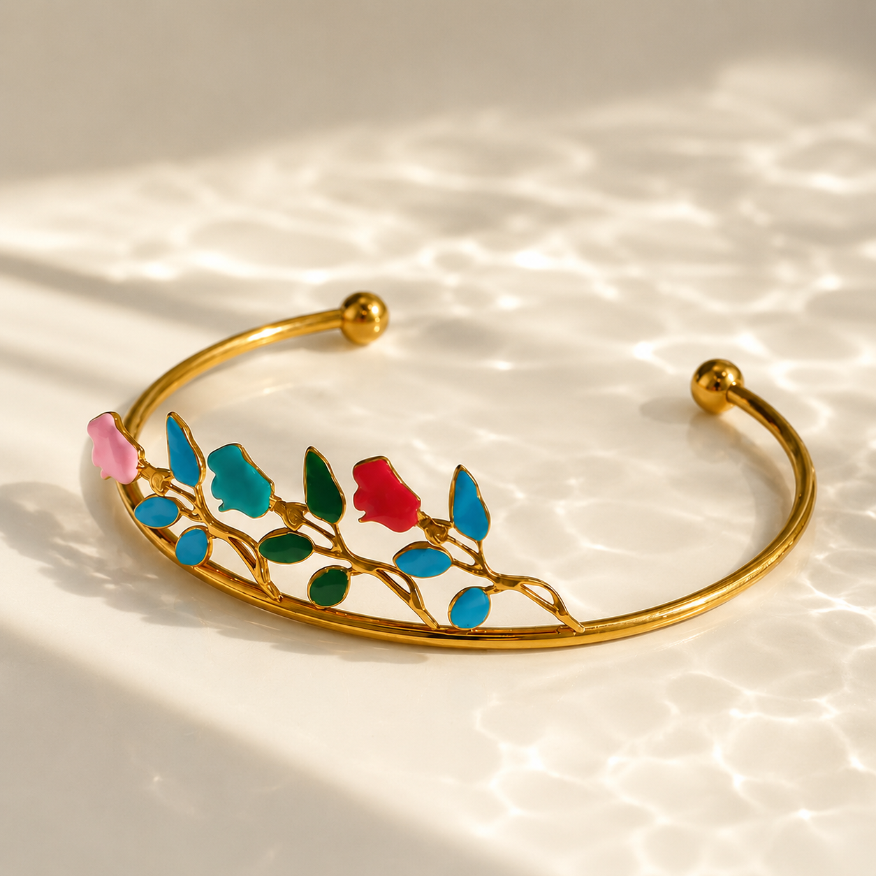 Gold-Plated Colorful Enamel Floral Open Cuff Bangle