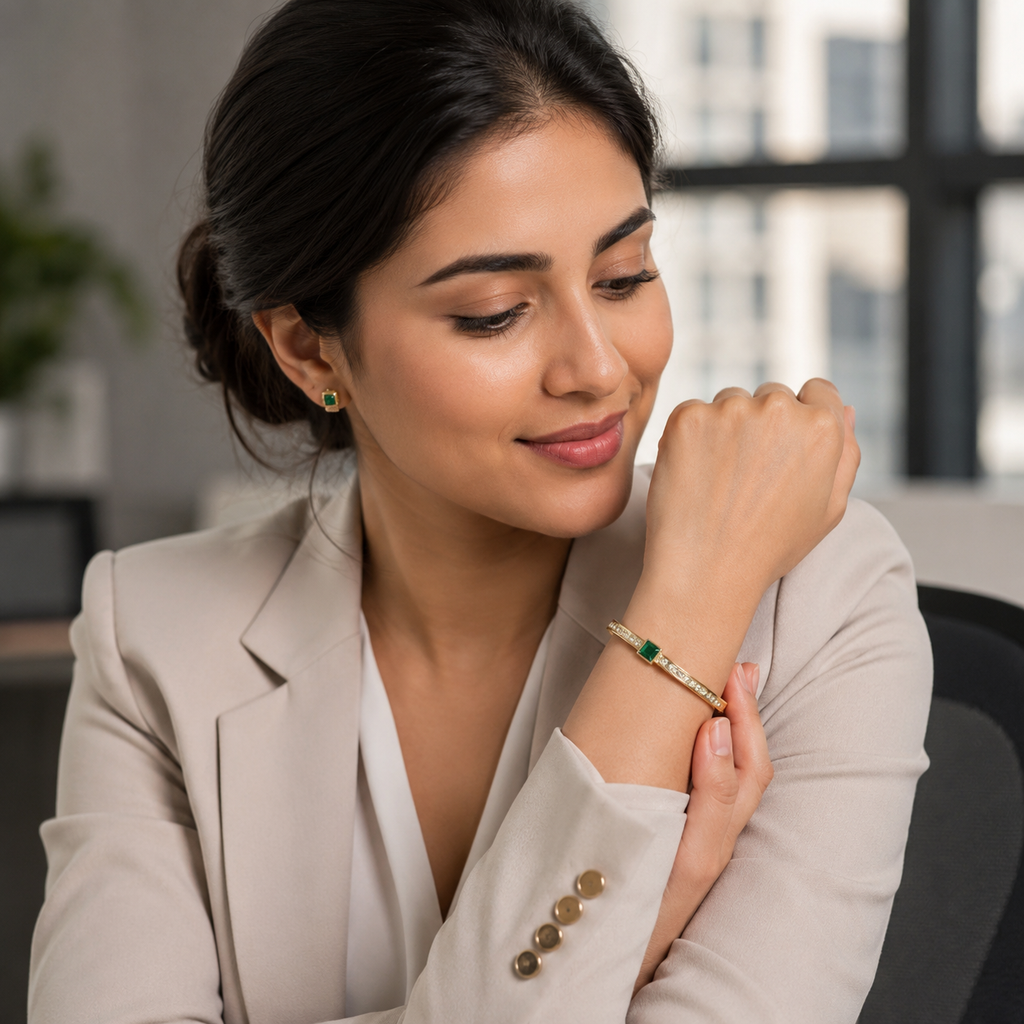 Gold-Plated Square Emerald Green Crystal Bangle