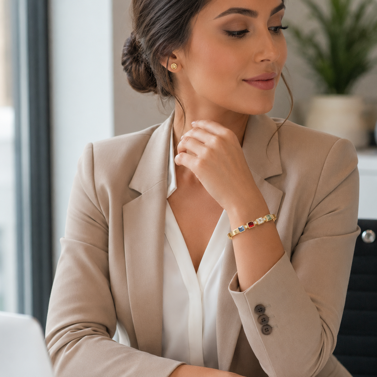 Luxury Gold-Tone Geometric Multi-Color Stone Hinged Bangle