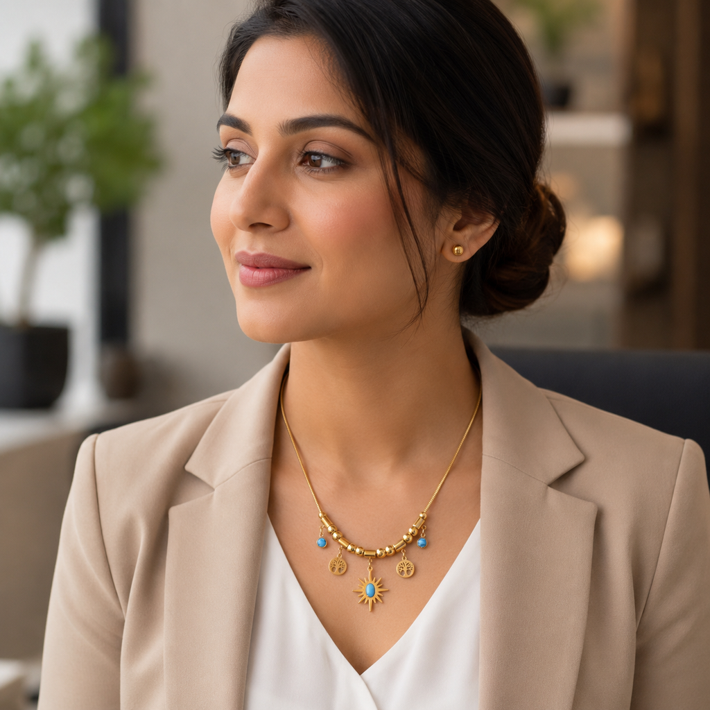 Gold-Plated Sun & Tree of Life Charm Necklace with Turquoise Accents