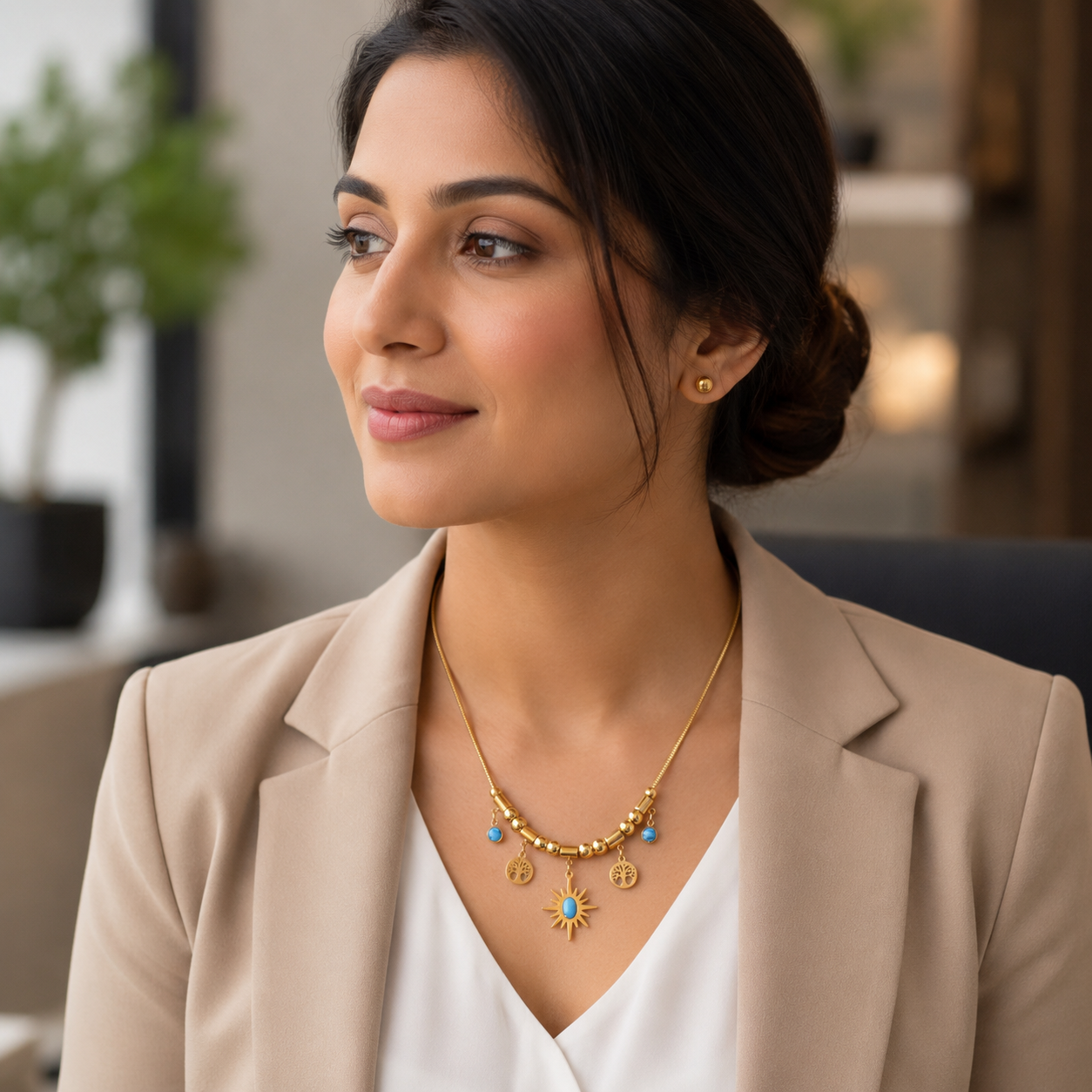 Gold-Plated Sun & Tree of Life Charm Necklace with Turquoise Accents