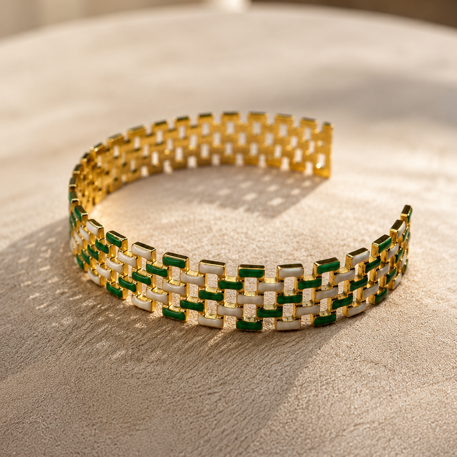 Luxury Gold Open Cuff Bracelet with Green & White Enamel Links