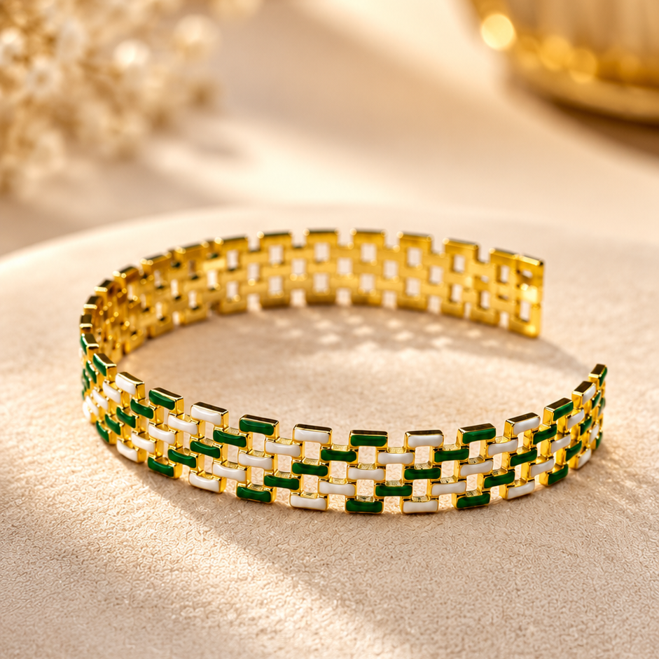 Luxury Gold Open Cuff Bracelet with Green & White Enamel Links