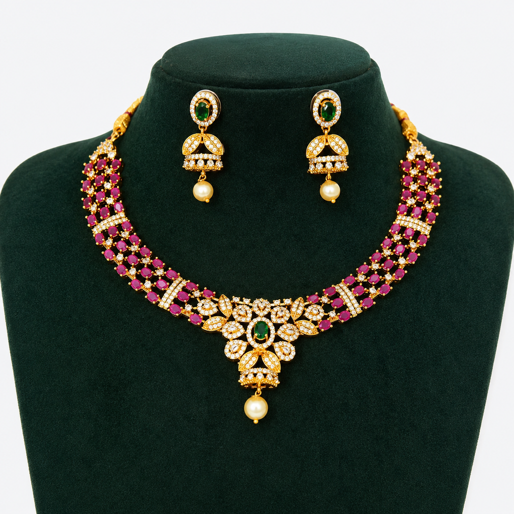Premium South Indian Ruby Stone Necklace Set with Emerald Center Pendant & Pearl Drops