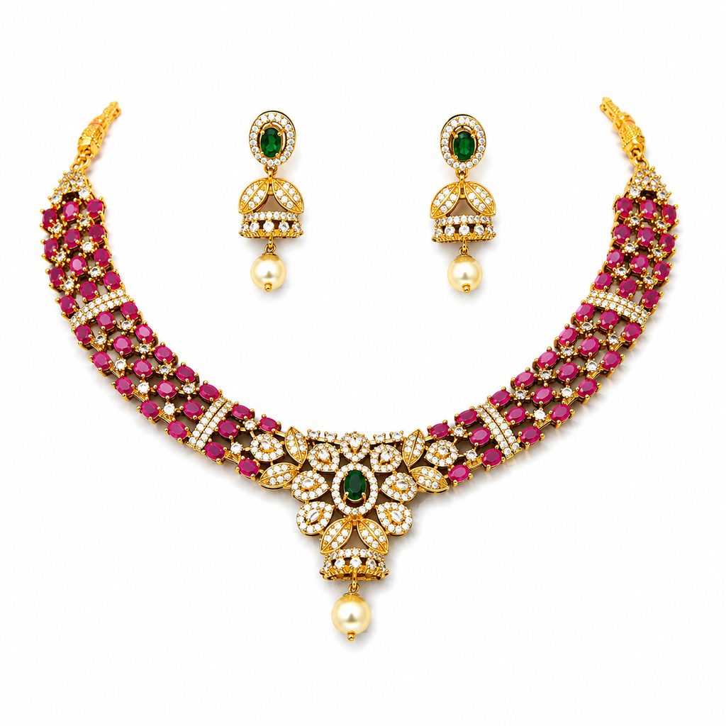Premium South Indian Ruby Stone Necklace Set with Emerald Center Pendant & Pearl Drops