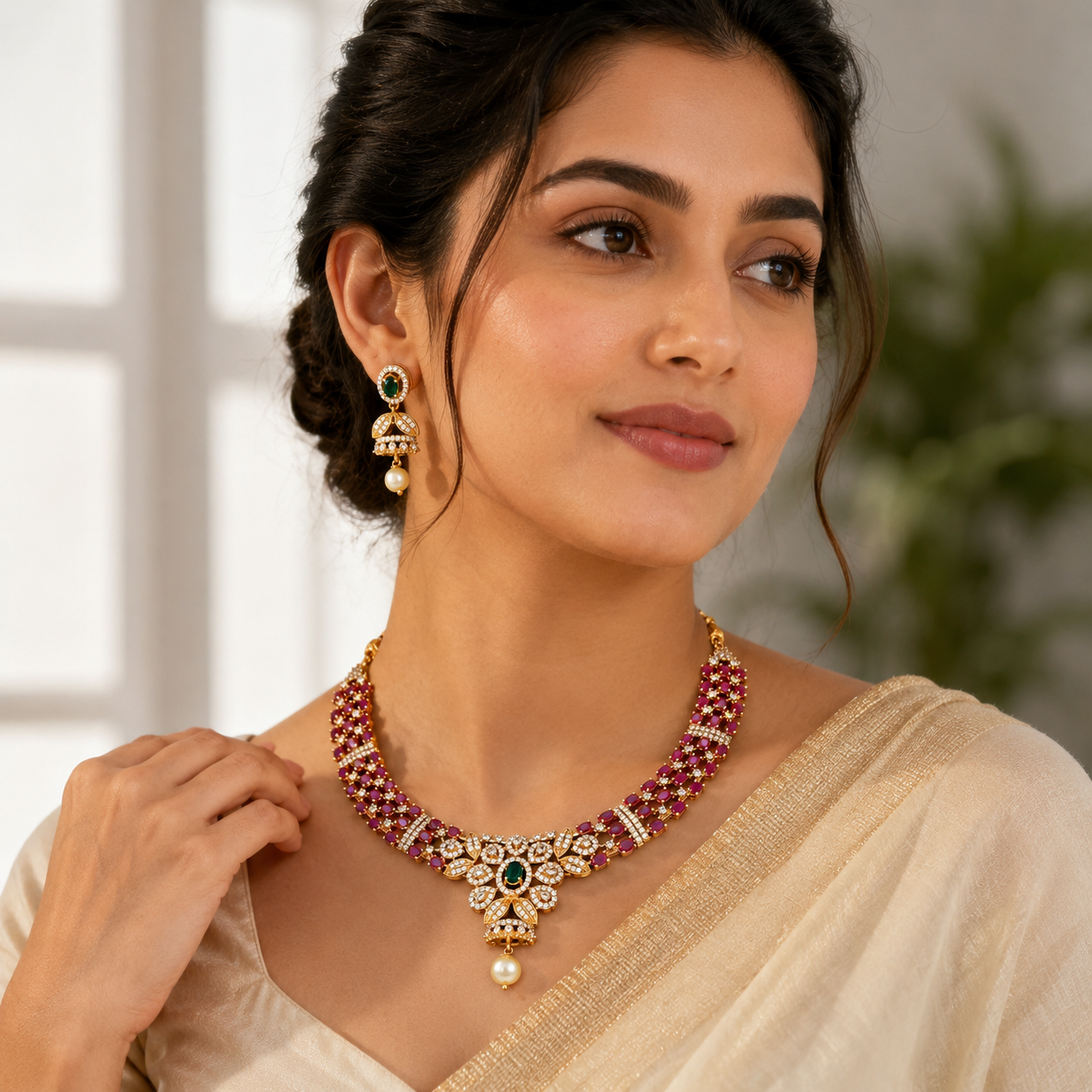 Premium South Indian Ruby Stone Necklace Set with Emerald Center Pendant & Pearl Drops