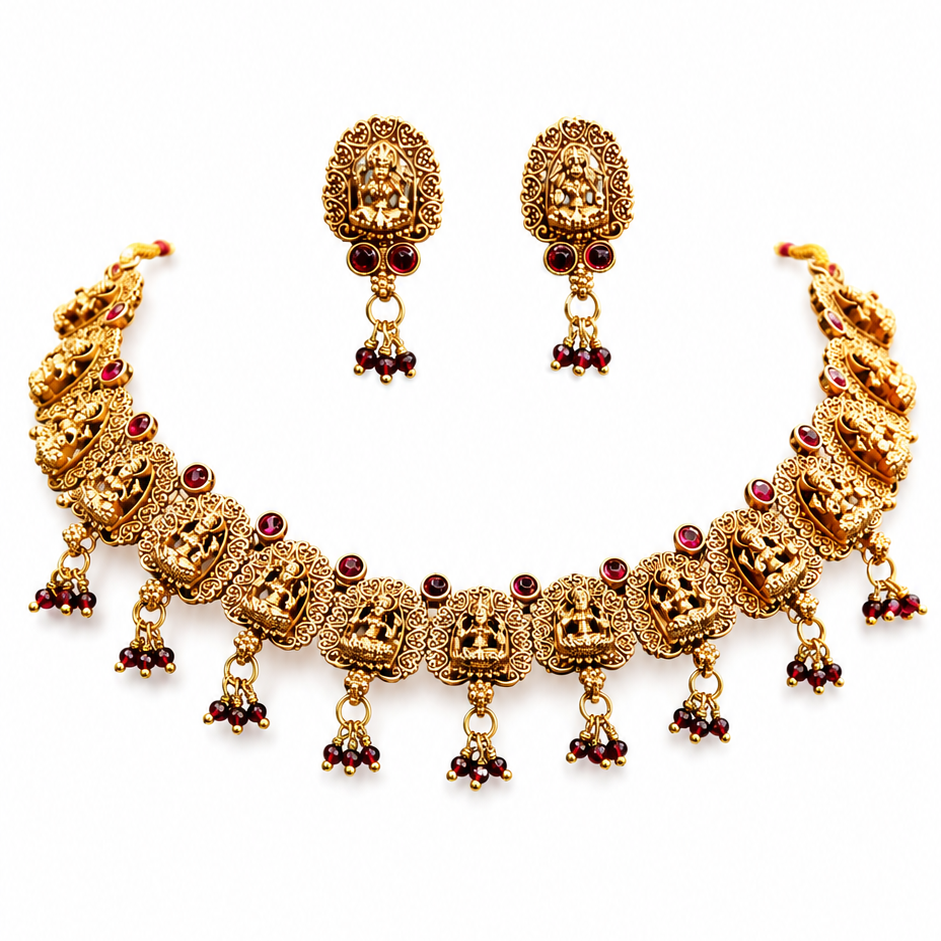 Exquisite Traditional Gold-Toned Necklace Set with Matching Earrings