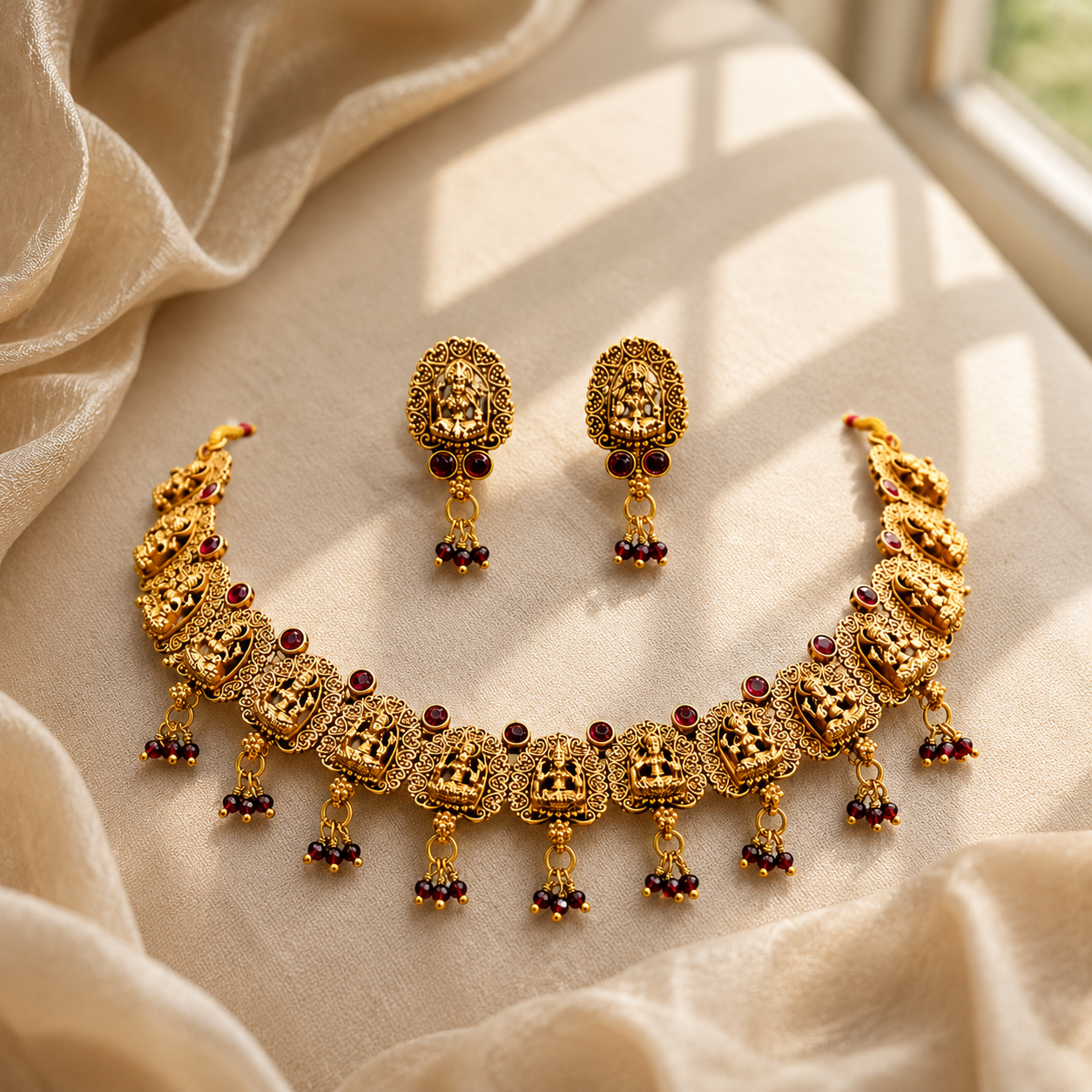 Exquisite Traditional Gold-Toned Necklace Set with Matching Earrings