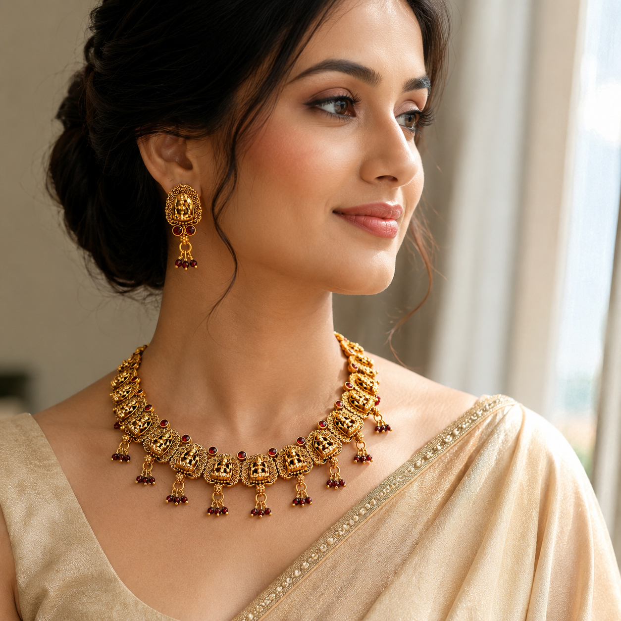 Exquisite Traditional Gold-Toned Necklace Set with Matching Earrings