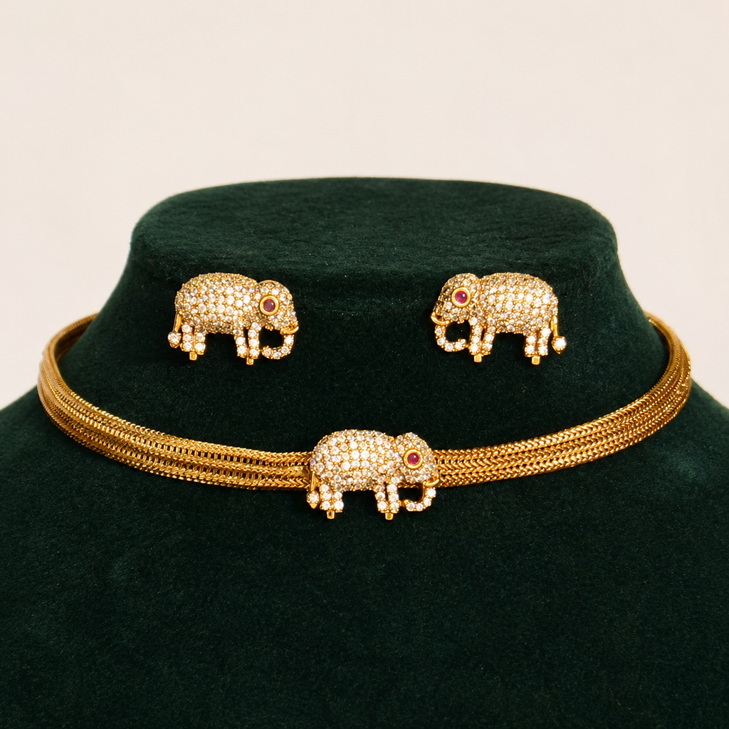 Antique Elephant Choker Necklace with Matching Stud Earrings