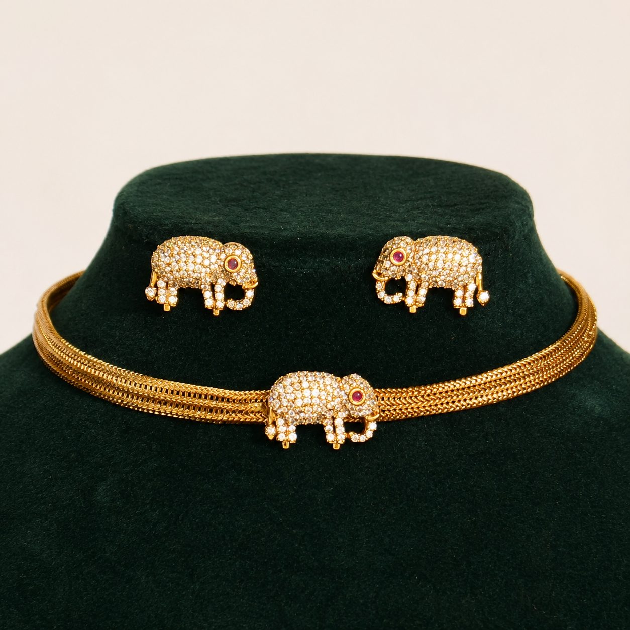 Antique Elephant Choker Necklace with Matching Stud Earrings