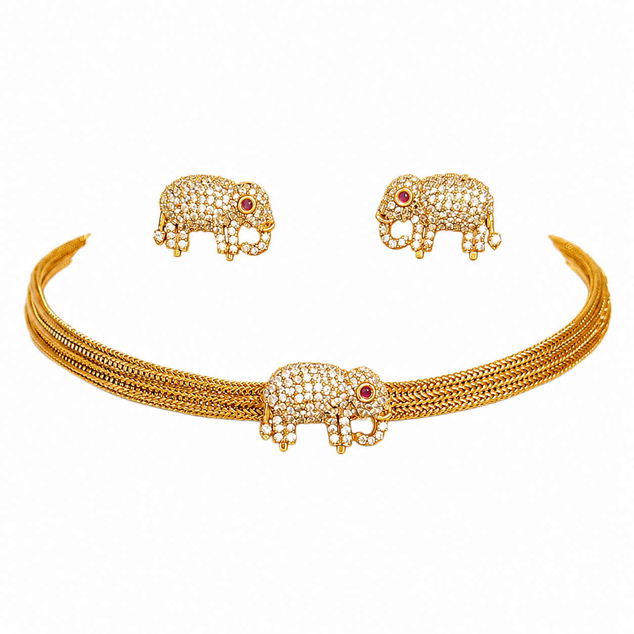 Antique Elephant Choker Necklace with Matching Stud Earrings