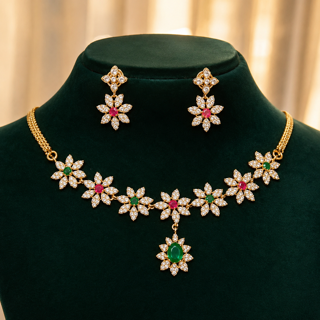 Gold-Plated Floral CZ Necklace Set with Matching Drop Earrings – Green & Pink Stone