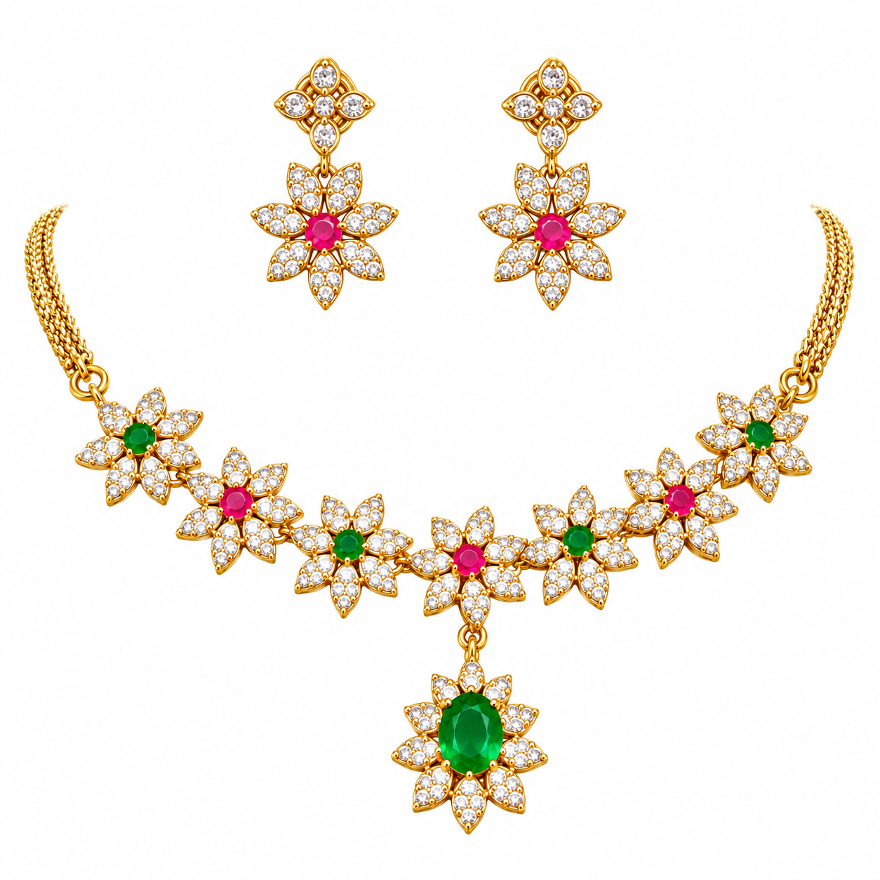 Gold-Plated Floral CZ Necklace Set with Matching Drop Earrings – Green & Pink Stone