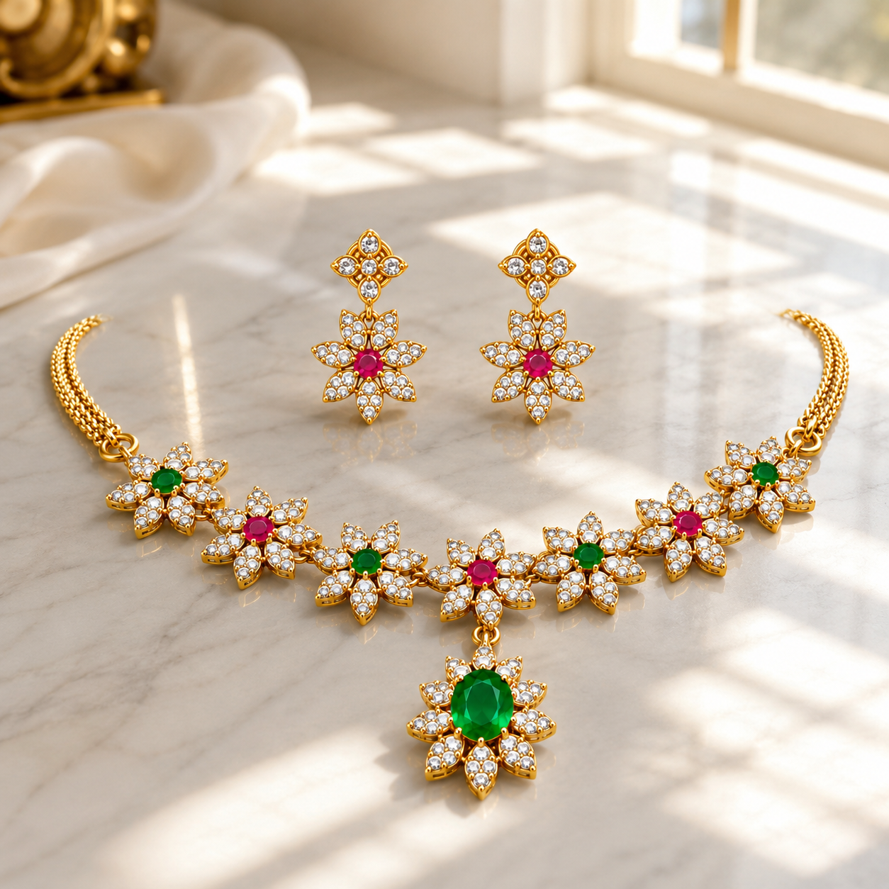 Gold-Plated Floral CZ Necklace Set with Matching Drop Earrings – Green & Pink Stone