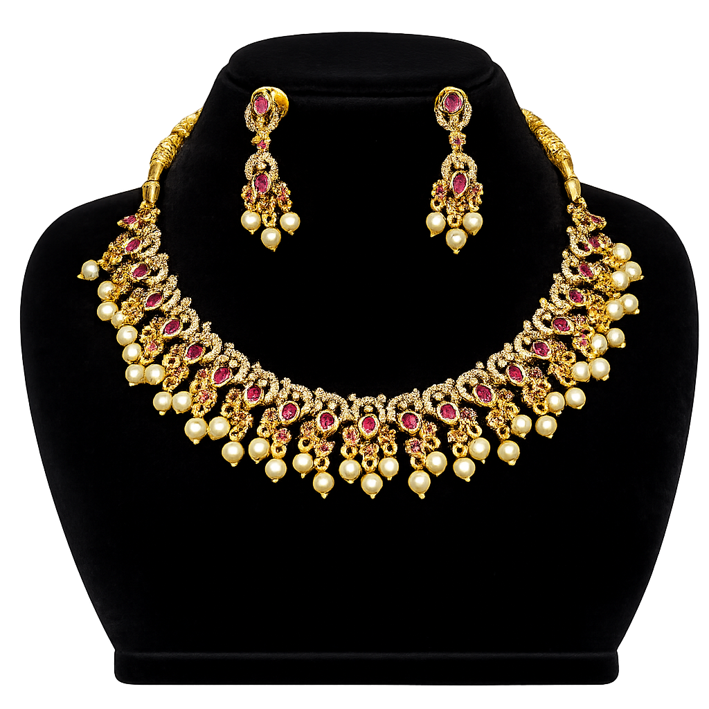 Traditional Ruby CZ Pearl Choker Necklace Set with Matching Earrings
