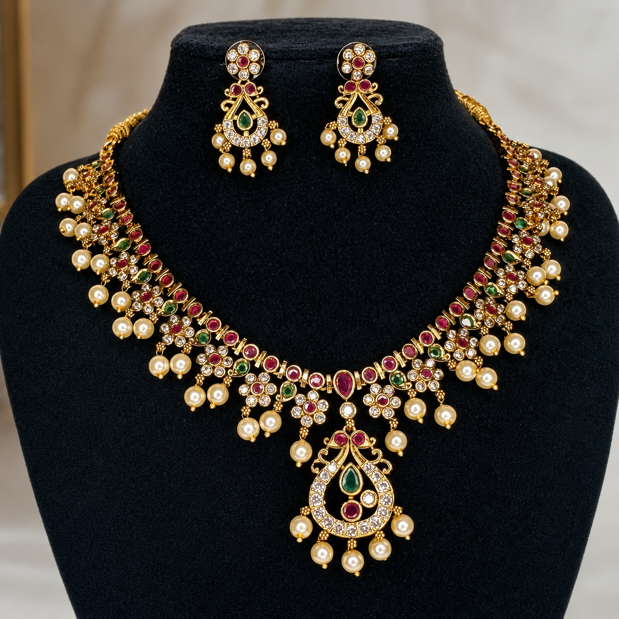 Antique Gold CZ Bridal Necklace Set with Pearl Drops