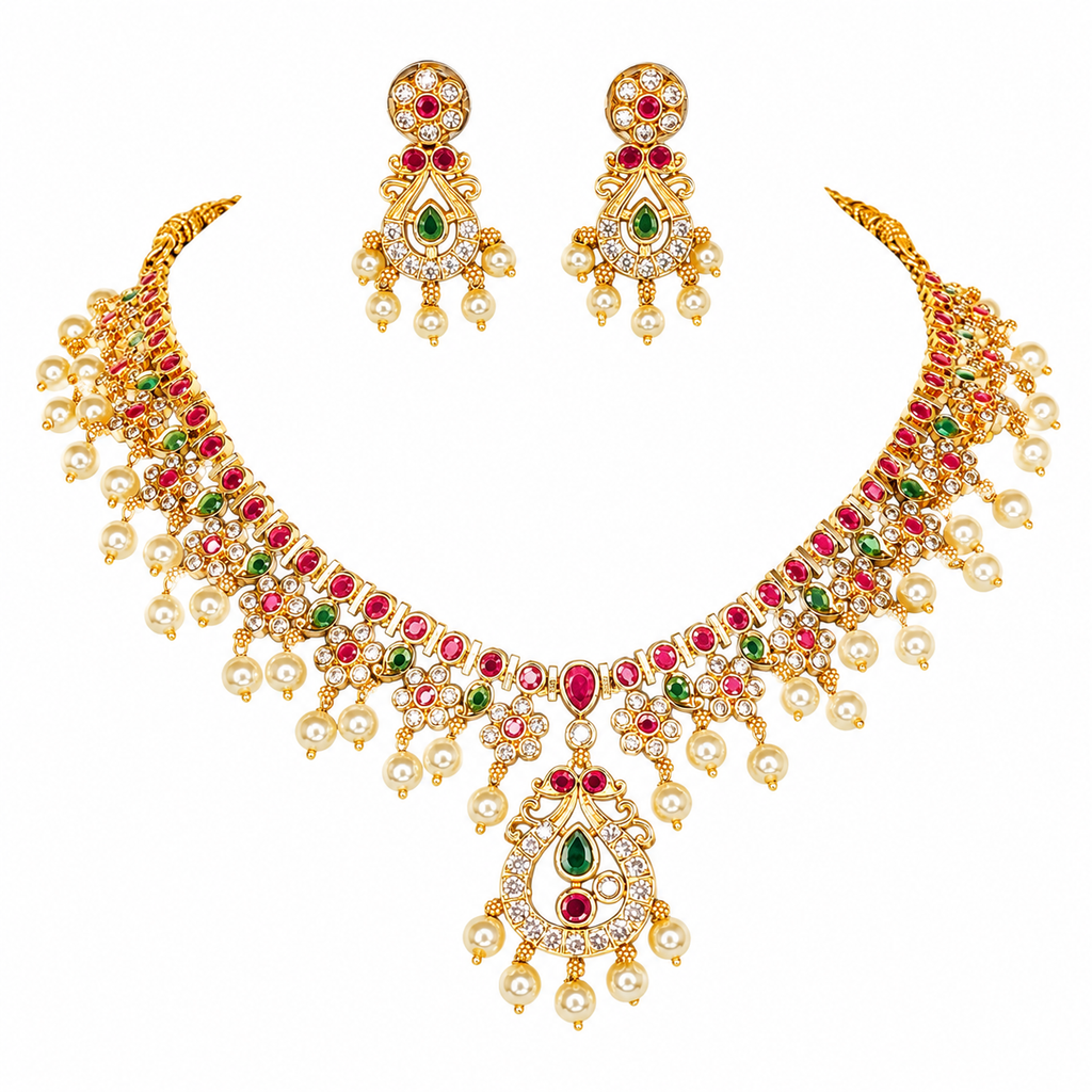 Antique Gold CZ Bridal Necklace Set with Pearl Drops