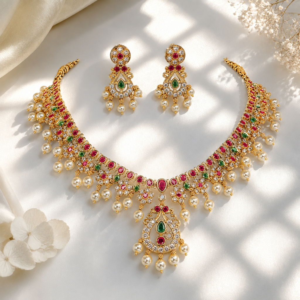 Antique Gold CZ Bridal Necklace Set with Pearl Drops