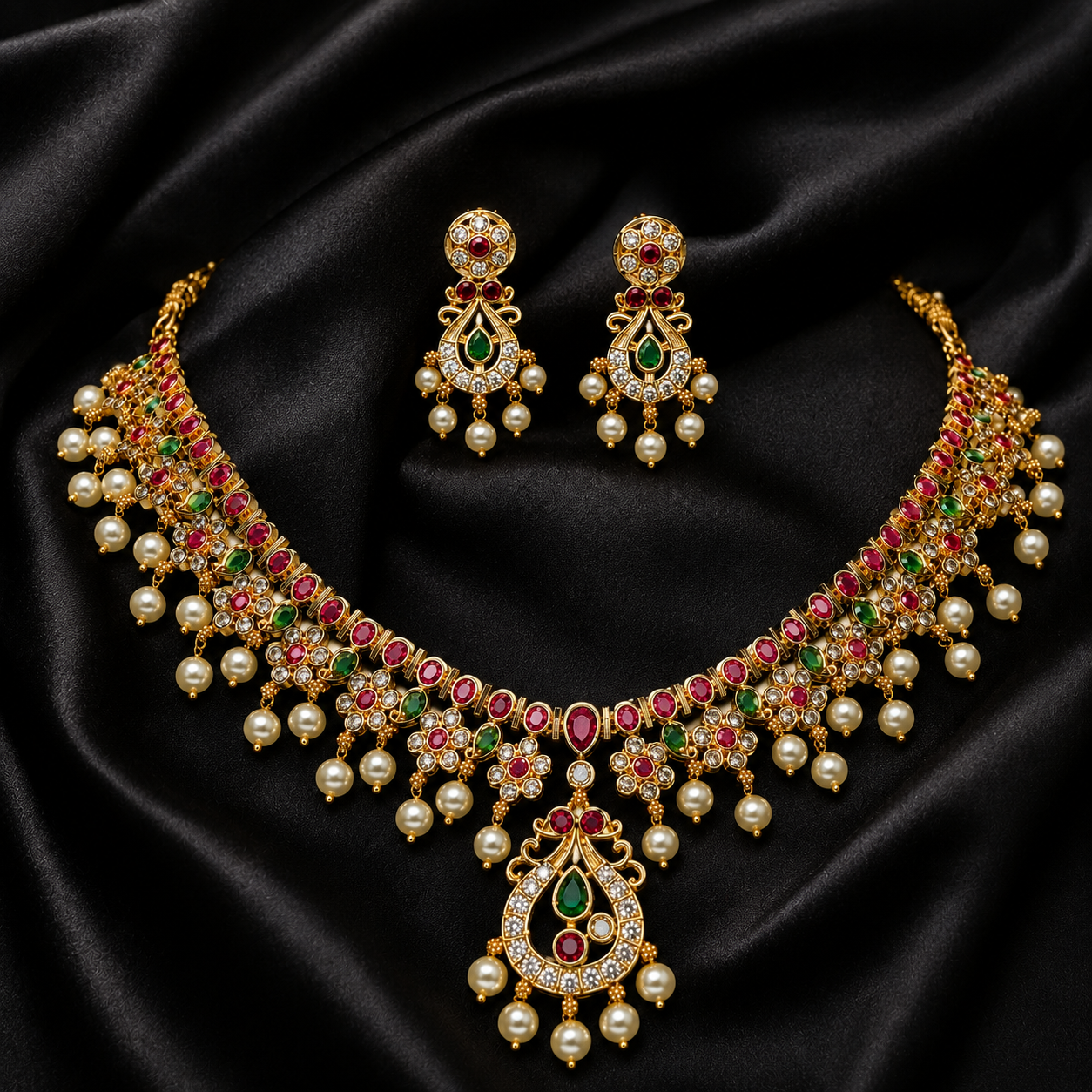 Antique Gold CZ Bridal Necklace Set with Pearl Drops