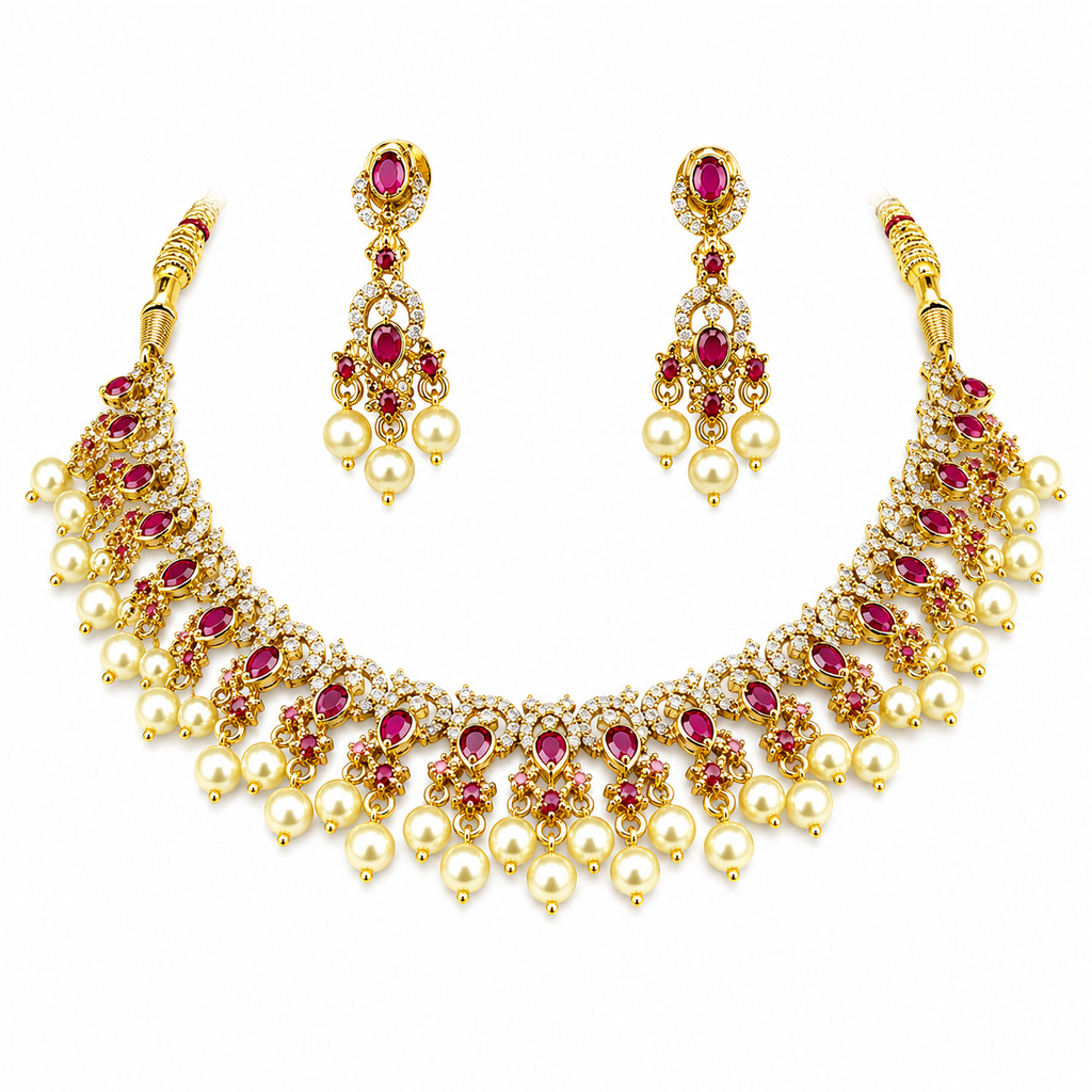 Traditional Ruby CZ Pearl Choker Necklace Set with Matching Earrings