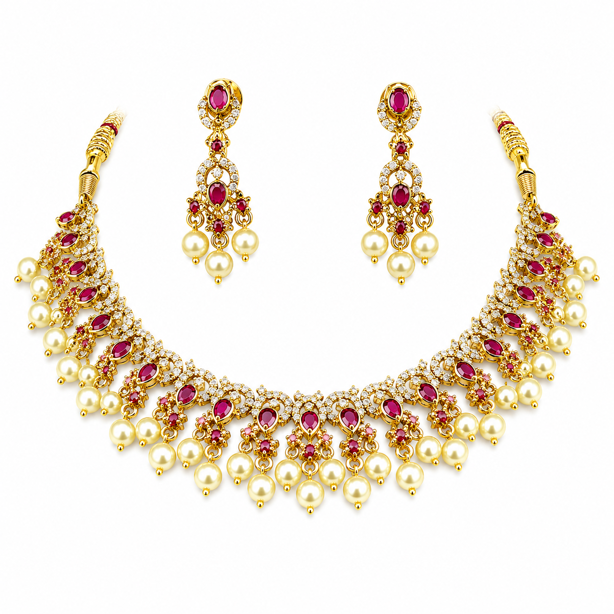 Traditional Ruby CZ Pearl Choker Necklace Set with Matching Earrings