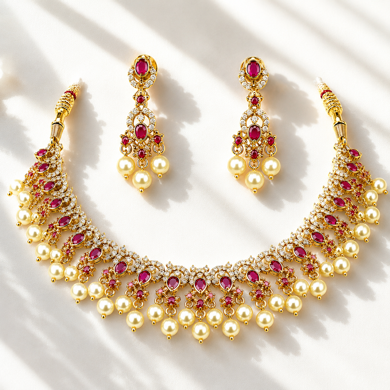 Traditional Ruby CZ Pearl Choker Necklace Set with Matching Earrings