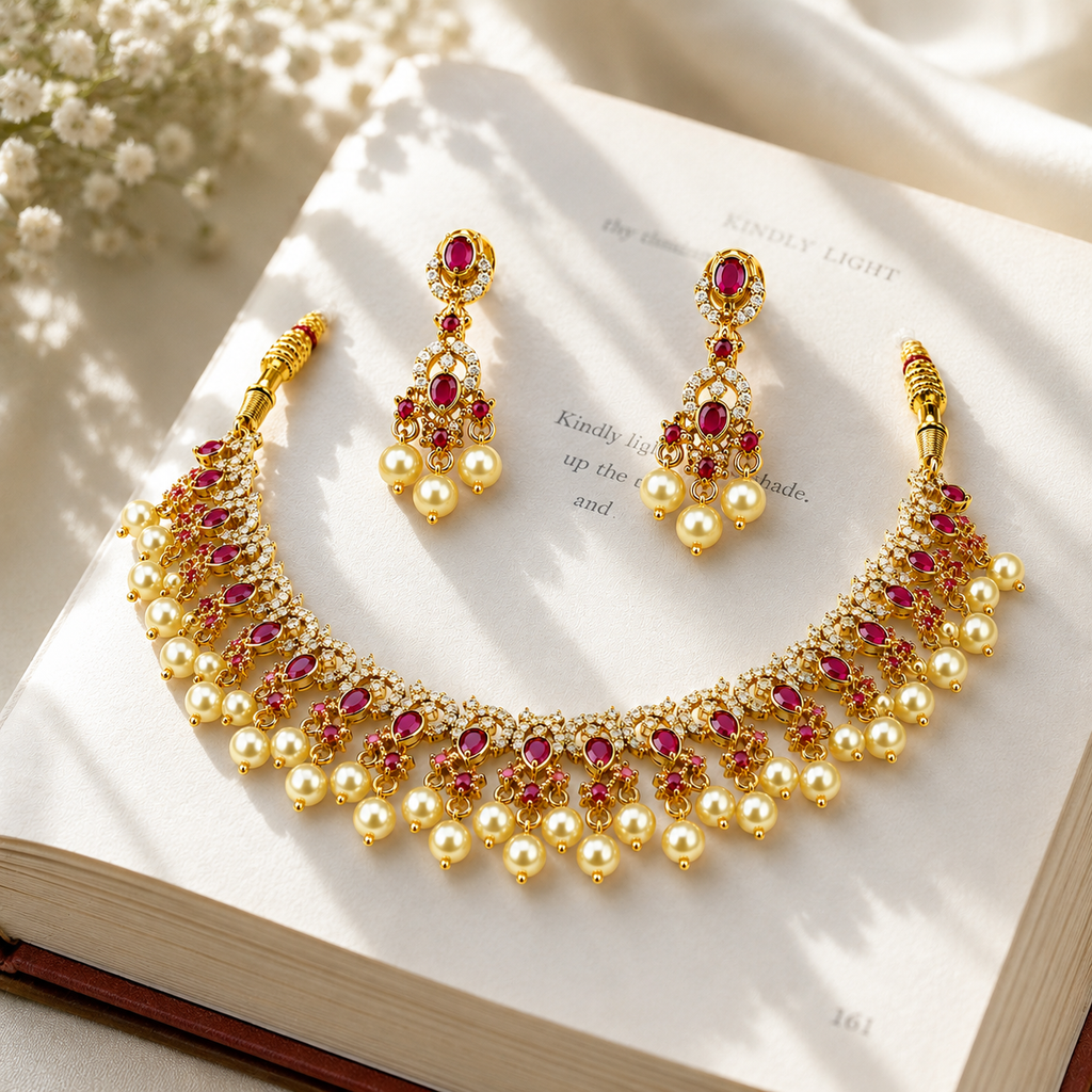 Traditional Ruby CZ Pearl Choker Necklace Set with Matching Earrings