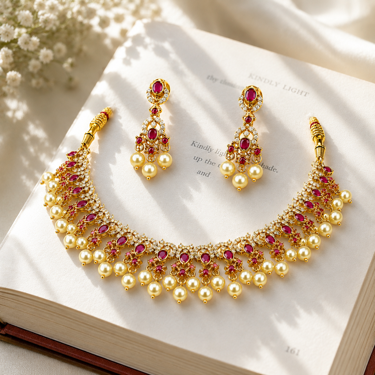 Traditional Ruby CZ Pearl Choker Necklace Set with Matching Earrings