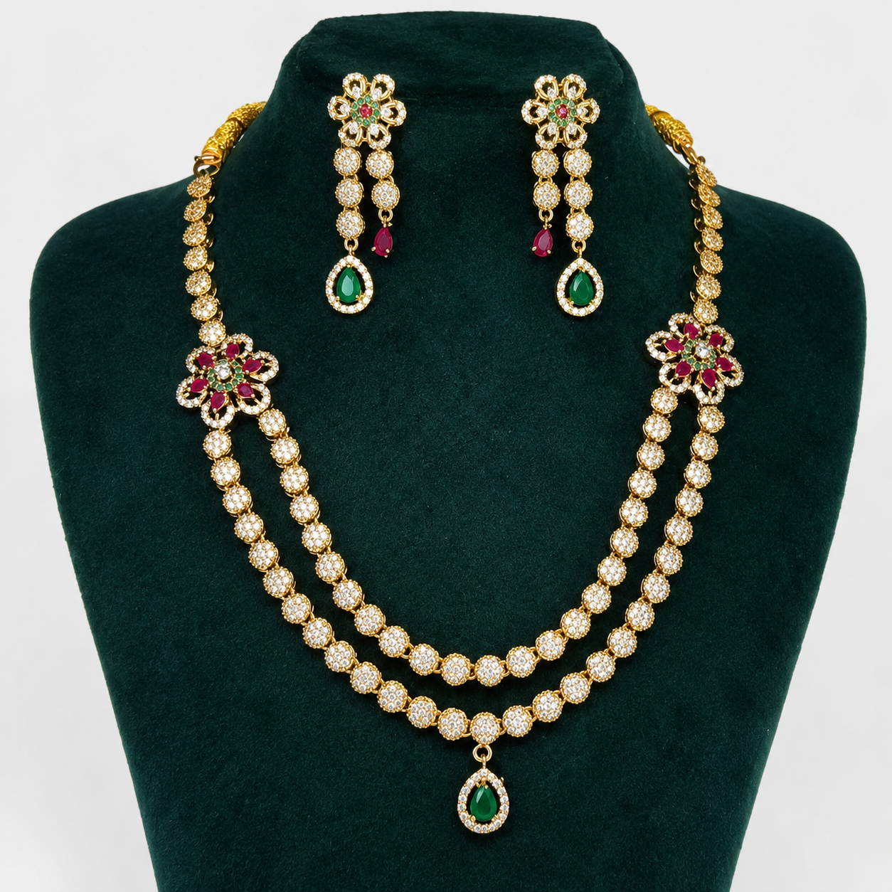 Traditional Double-Layer CZ Necklace Set with Earrings