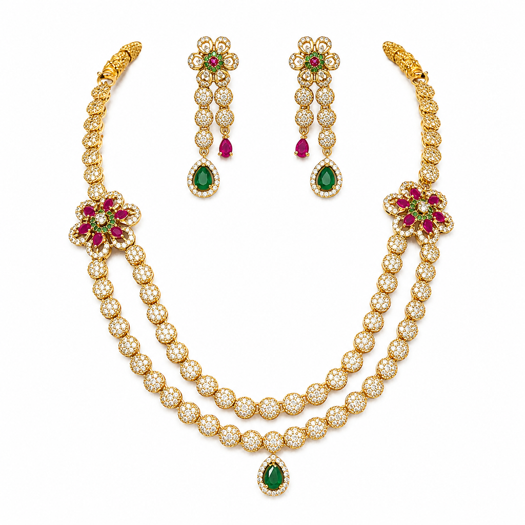 Traditional Double-Layer CZ Necklace Set with Earrings