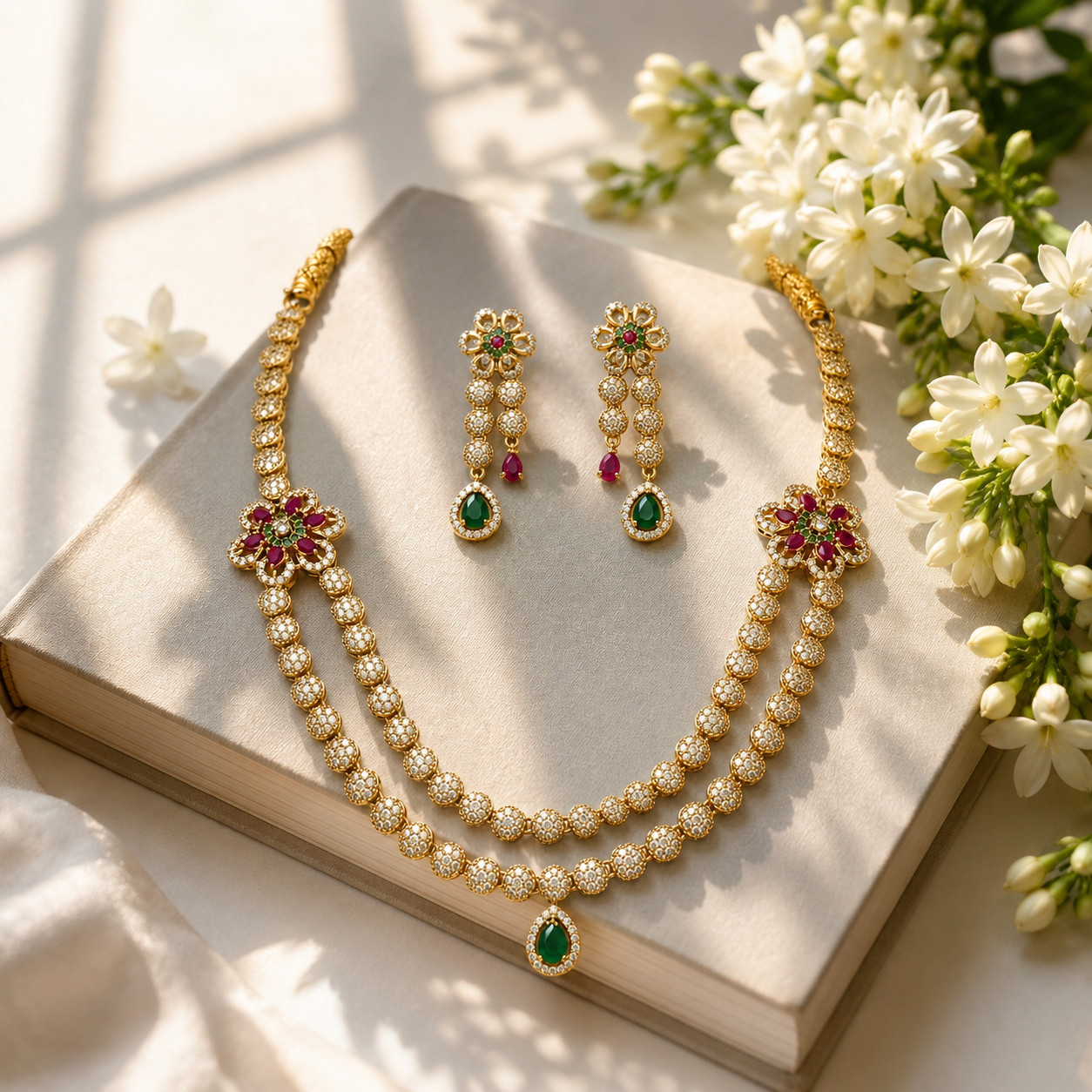 Traditional Double-Layer CZ Necklace Set with Earrings