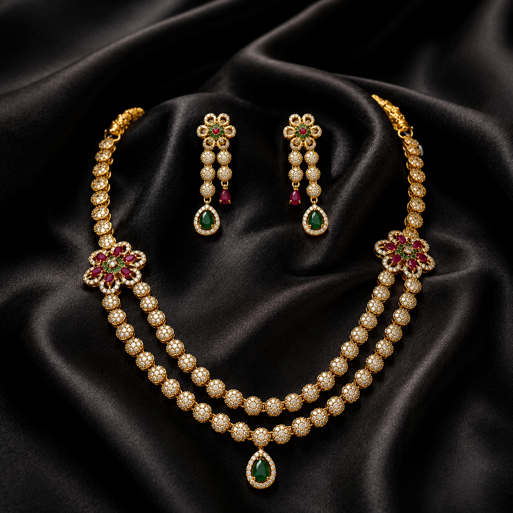 Traditional Double-Layer CZ Necklace Set with Earrings