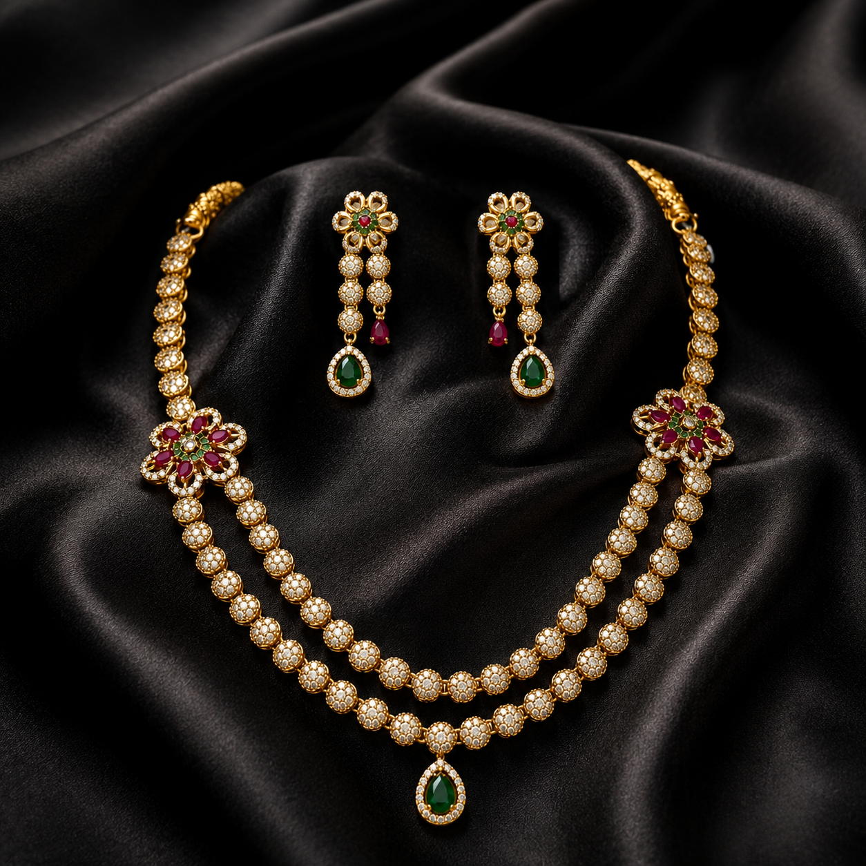 Traditional Double-Layer CZ Necklace Set with Earrings
