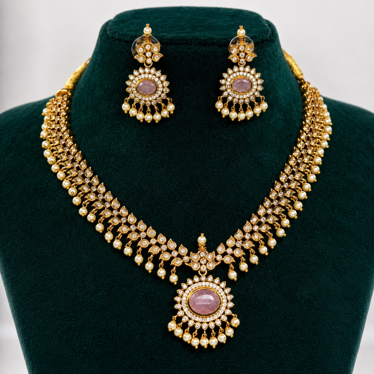 Traditional Antique Gold Kundan Pearl Drop Necklace Set with Matching Earrings