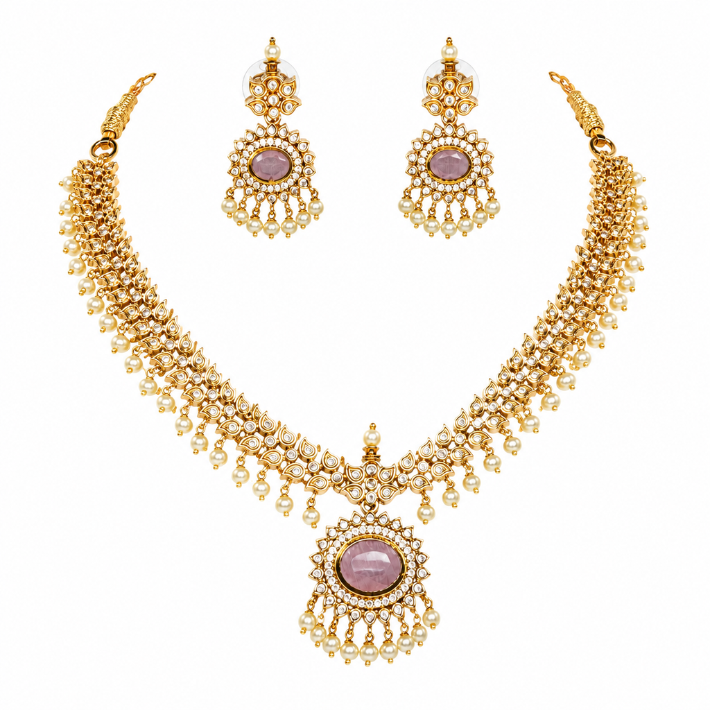 Traditional Antique Gold Kundan Pearl Drop Necklace Set with Matching Earrings