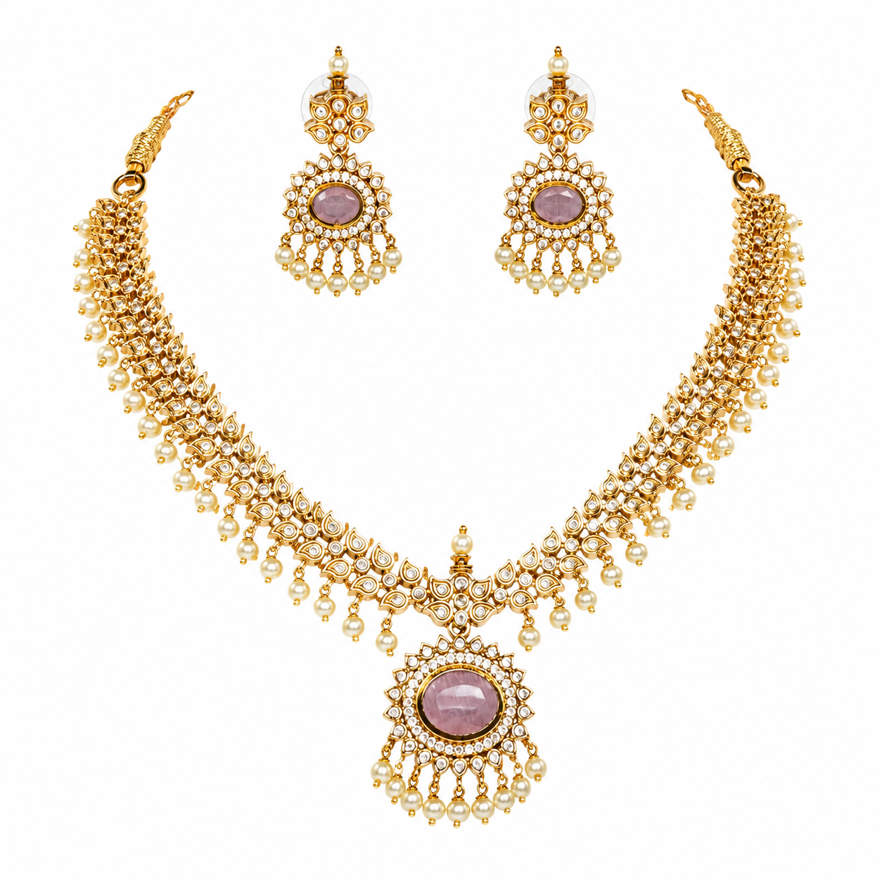 Traditional Antique Gold Kundan Pearl Drop Necklace Set with Matching Earrings