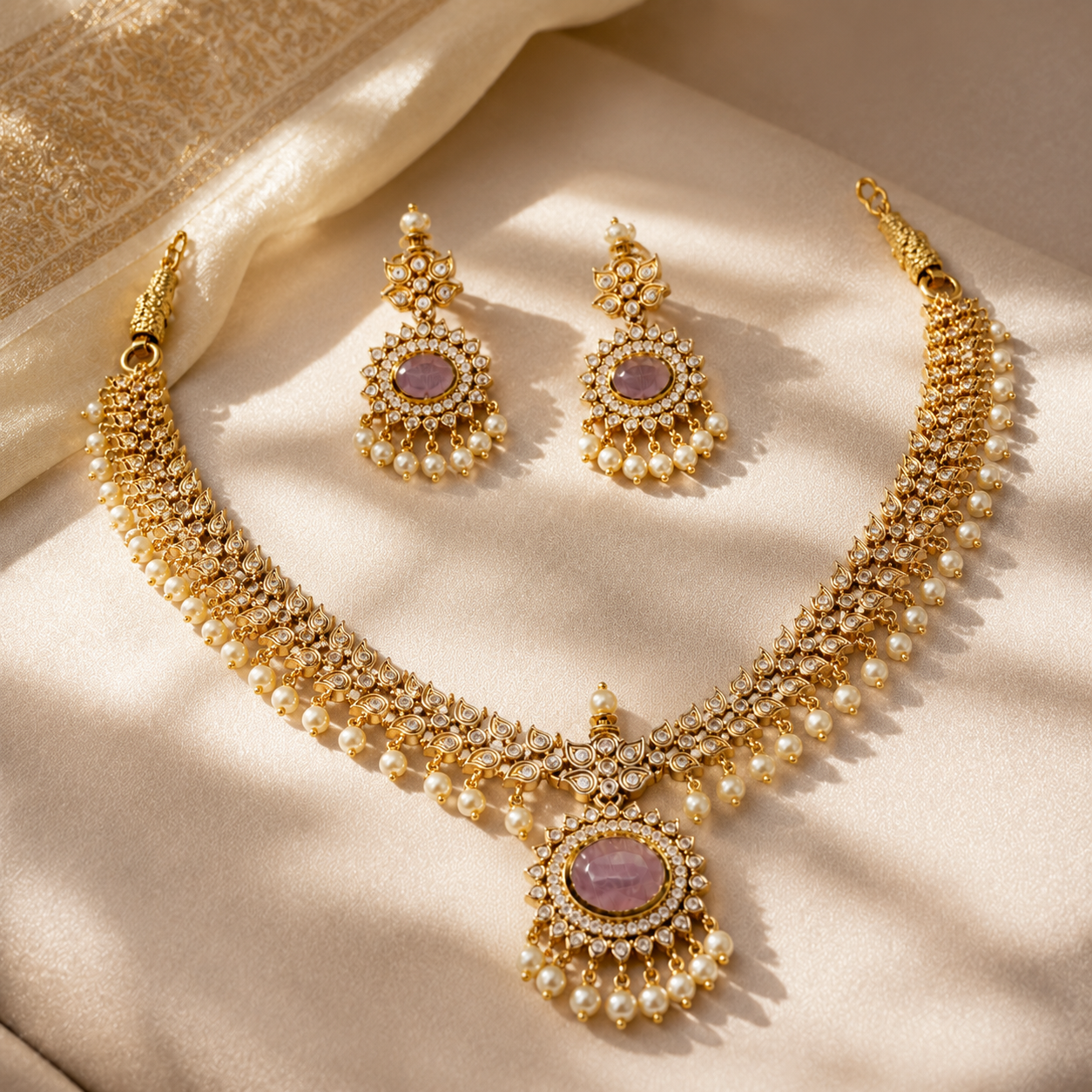 Traditional Antique Gold Kundan Pearl Drop Necklace Set with Matching Earrings