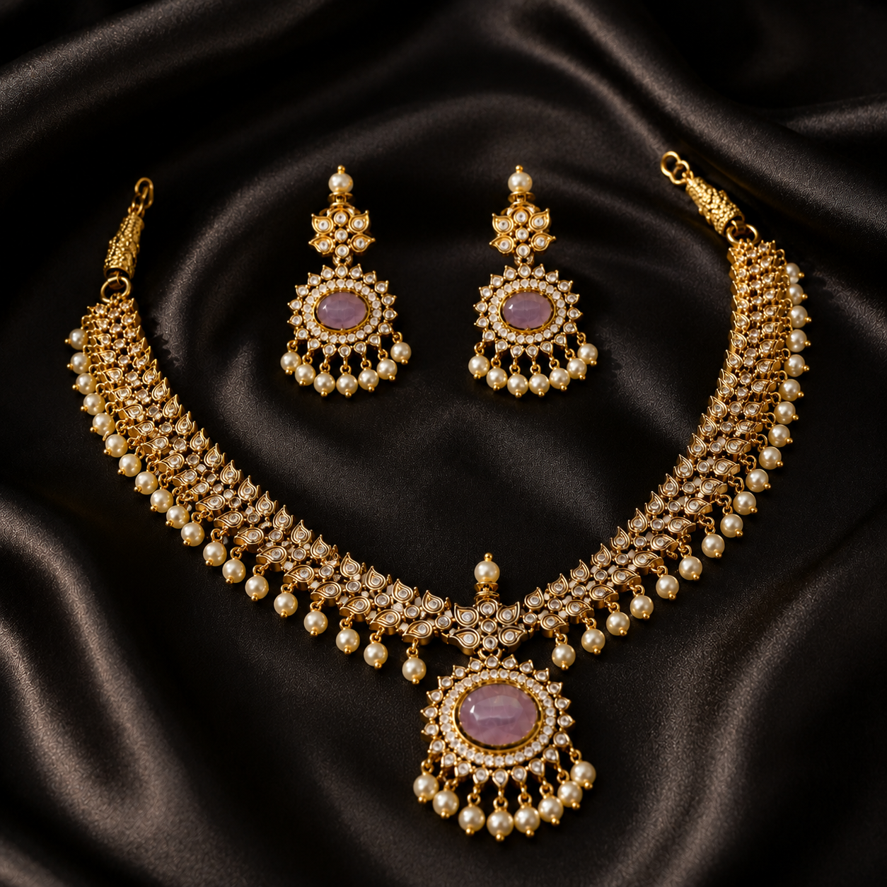 Traditional Antique Gold Kundan Pearl Drop Necklace Set with Matching Earrings