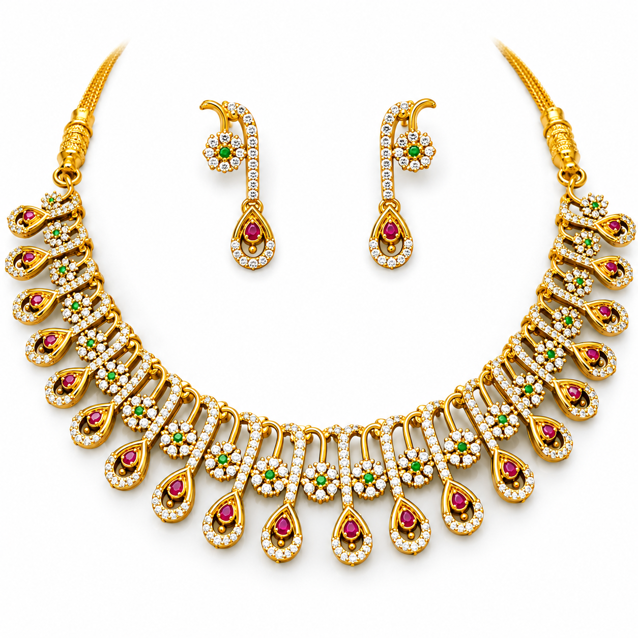 Traditional CZ Ruby & Green Teardrop Necklace Set with Matching Earrings