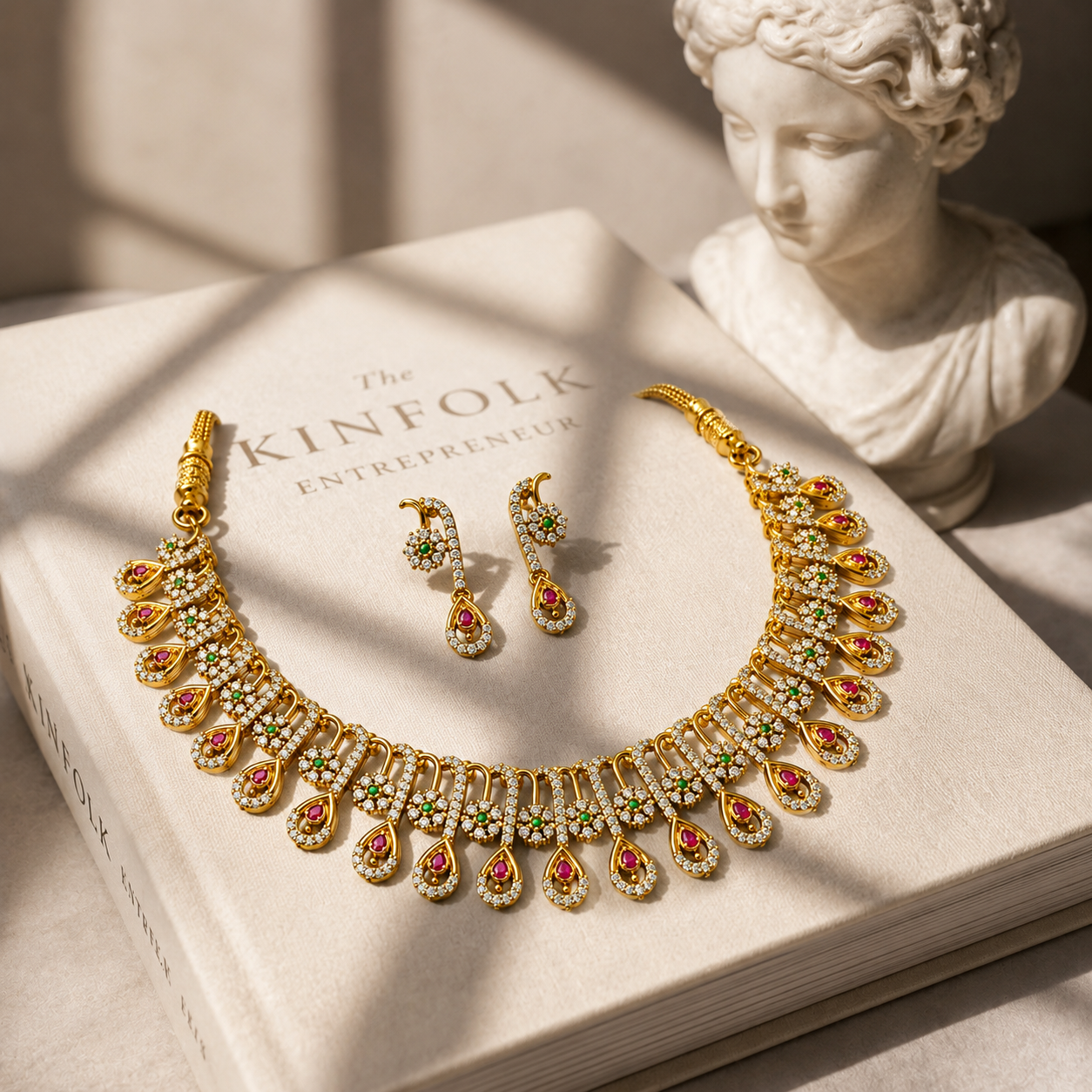 Traditional CZ Ruby & Green Teardrop Necklace Set with Matching Earrings